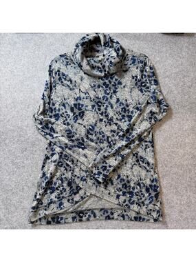 Peace & Pearls Cowl Neck Leopard Print Tunic Top Gray Blue Size Medium